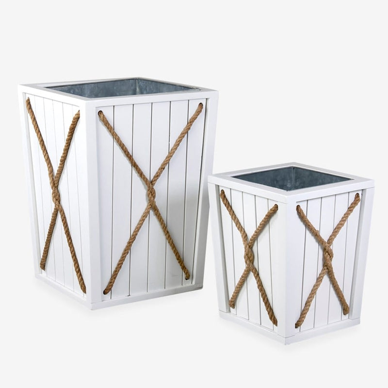 white wood box planters Montauk Mahogany Wood Planter Box with Rope Detail, White – Modish Store