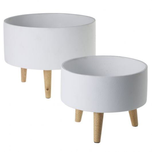 Parkview White Ceramic Planter with Wood legs-Set Of 2 By Accent Decor | Planters, Troughs & Cachepots | Modishstore - 2