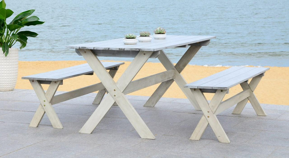 Safavieh Marina 3 Piece Dining Set With 63-Inch L Table And 2 Backless Benches | Outdoor Dining Sets | Modishstore - 2