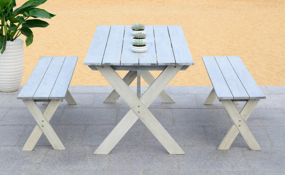 Safavieh Marina 3 Piece Dining Set With 63-Inch L Table And 2 Backless Benches | Outdoor Dining Sets | Modishstore - 4