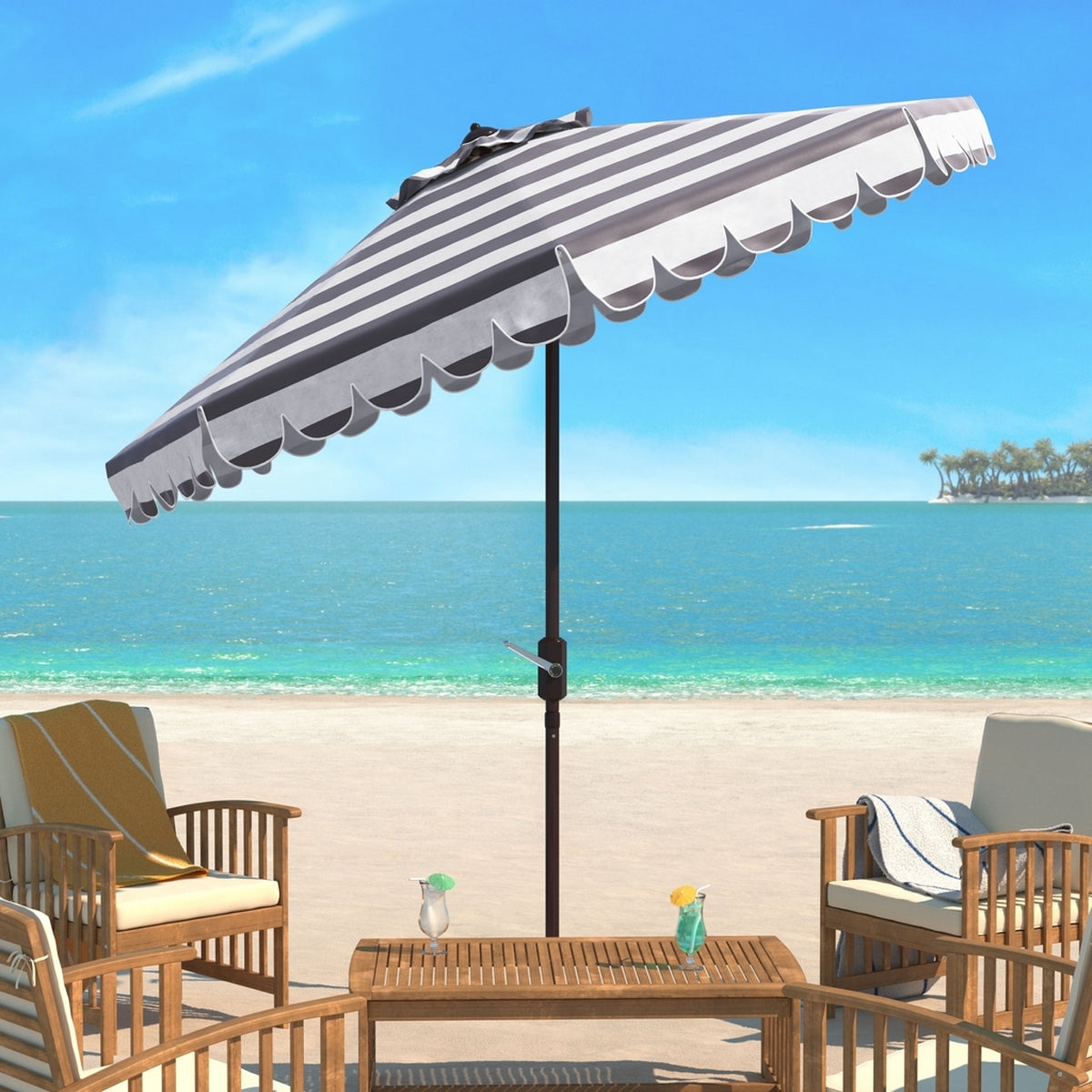 Safavieh Maui Single Scallop Striped 9Ft Crank Push Button Tilt Umbrella | Umbrellas |  Modishstore  - 4