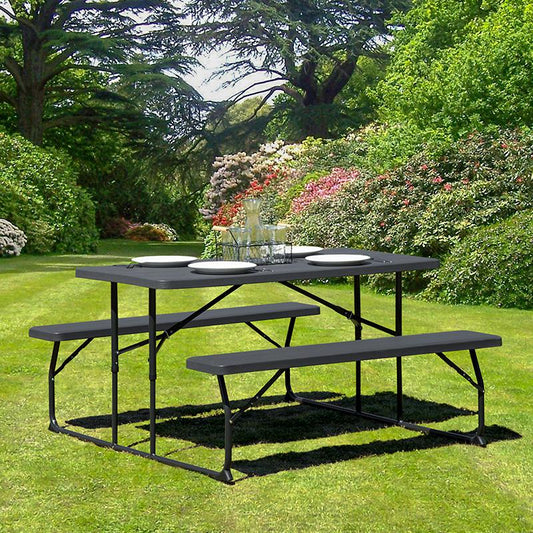 Insta-Fold Charcoal Wood Grain Folding Picnic Table And Benches By Flash Furniture | Side Tables | Modishstore