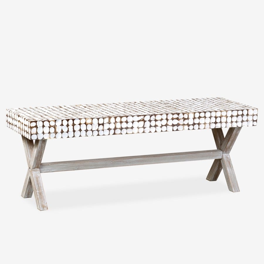 Bayside Coconut Shell Bench with X-Base (K/D) - White Patina by Jeffan | Benches | Modishstore - 6