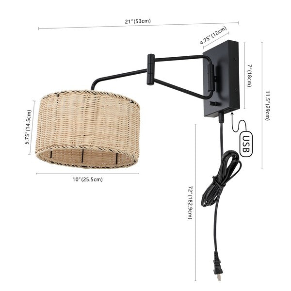 Safavieh Bramley, 21 Inch, Natural/Black, Rattan/Iron Wall Sconce W/ Usb Port Set Of 2 - Black | Sconces | Modishstore - 2