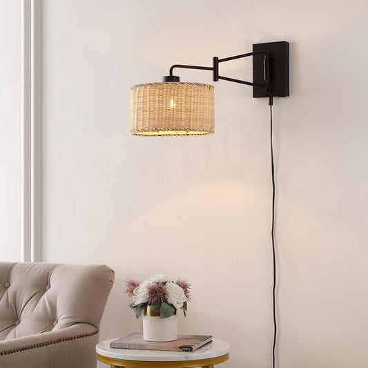 Safavieh Bramley, 21 Inch, Natural/Black, Rattan/Iron Wall Sconce W/ Usb Port Set Of 2 - Black | Sconces | Modishstore