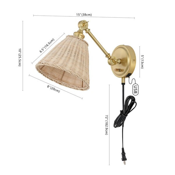 Safavieh Oswynn, 15 Inch, Natural/Brass, Rattan/Iron Wall Sconce Set Of 2 W/ Usb Port Set Of 2 - Brass | Sconces | Modishstore - 2