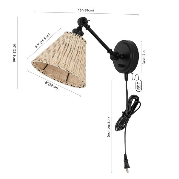 Safavieh Oswynn, 15 Inch, Natural/Black, Rattan/Iron Wall Sconce Set Of 2 W/ Usb Port Set Of 2 - Black | Sconces | Modishstore - 2