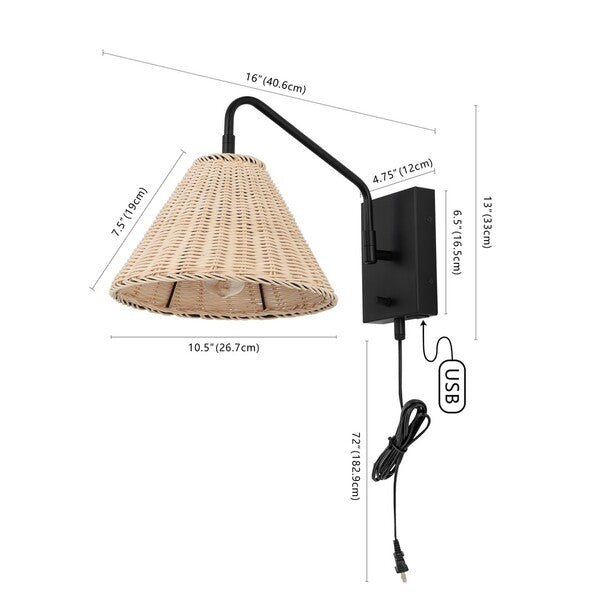 Safavieh Tressa, 16 Inch, Natural/Black, Rattan/Iron Wall Sconce Set Of 2 W/ Usb Port Set Of 2 - Black | Sconces | Modishstore - 2