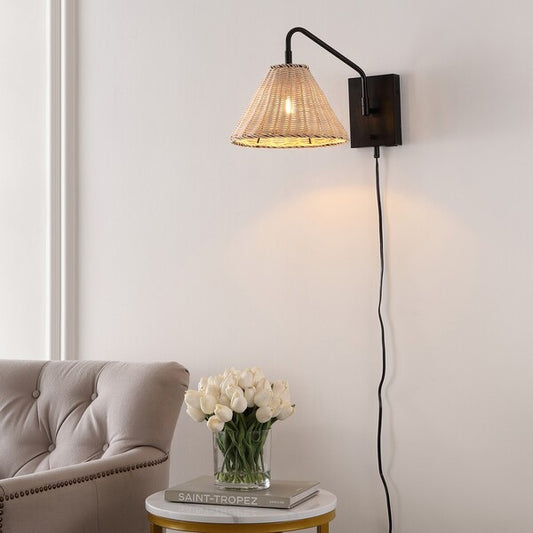 Safavieh Tressa, 16 Inch, Natural/Black, Rattan/Iron Wall Sconce Set Of 2 W/ Usb Port Set Of 2 - Black | Sconces | Modishstore