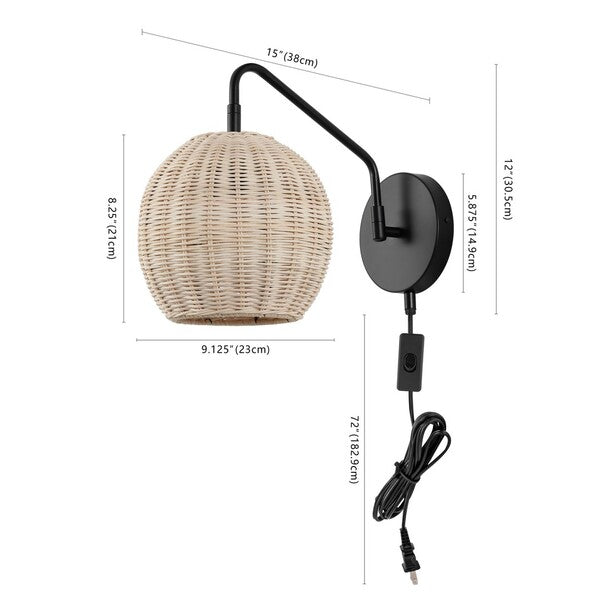Safavieh Grigory, 15 Inch, Natural/Black, Rattan/Iron Wall Sconce Set Of 2? Set Of 2 - Black | Sconces | Modishstore - 2
