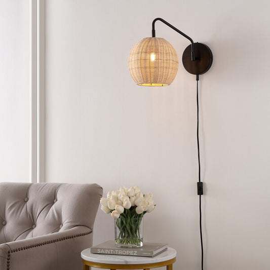 Safavieh Grigory, 15 Inch, Natural/Black, Rattan/Iron Wall Sconce Set Of 2? Set Of 2 - Black | Sconces | Modishstore