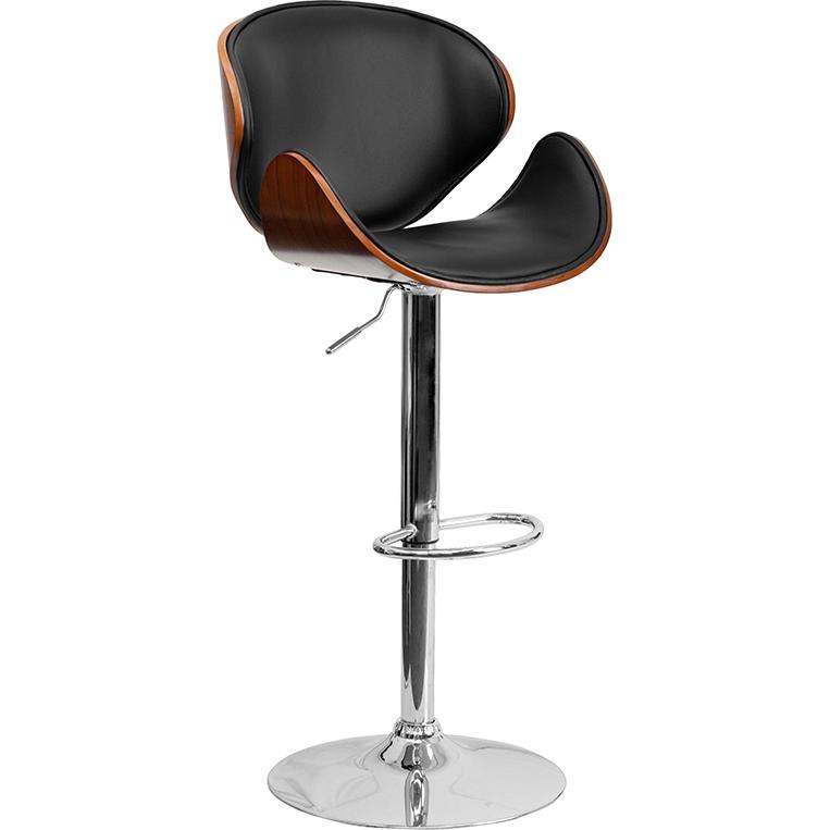 Walnut Bentwood Adjustable Height Barstool With Curved Back And Black Vinyl Seat By Flash Furniture | Bar Stools | Modishstore - 1