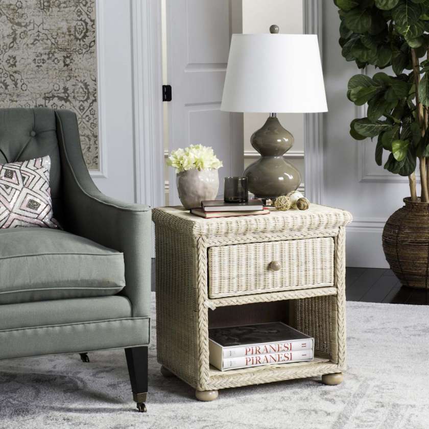 Safavieh Adira Natural White Wash Wicker Nightstand With Drawer And 8"H Storage | Nightstands | Modishstore - 2