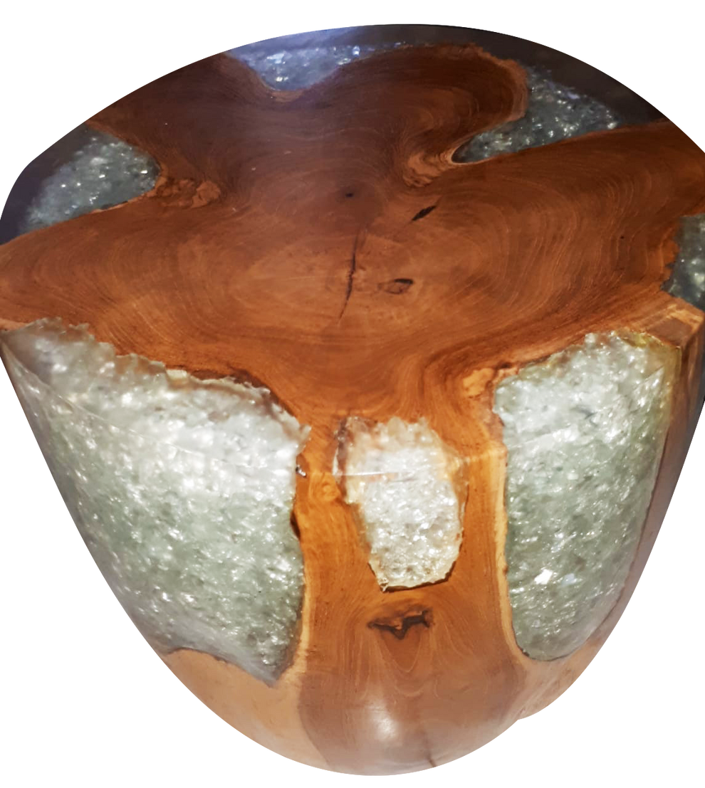 Teak Root & Cracked Resin Round Stool- Clear Resin | Stools | Modishstore - 3