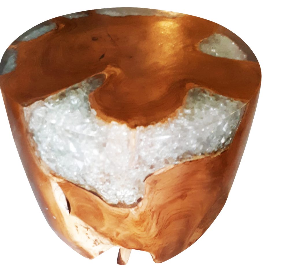 Teak Root & Cracked Resin Round Stool- Clear Resin | Stools | Modishstore - 2