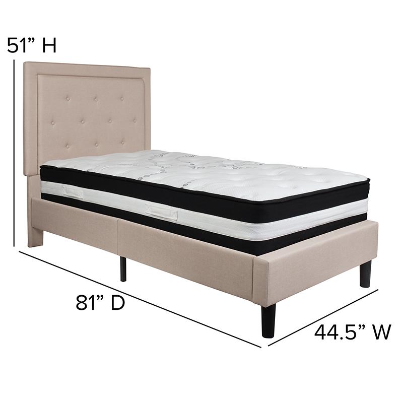 Roxbury Twin Size Tufted Upholstered Platform Bed In Beige Fabric With Pocket Spring Mattress By Flash Furniture | Beds | Modishstore - 4