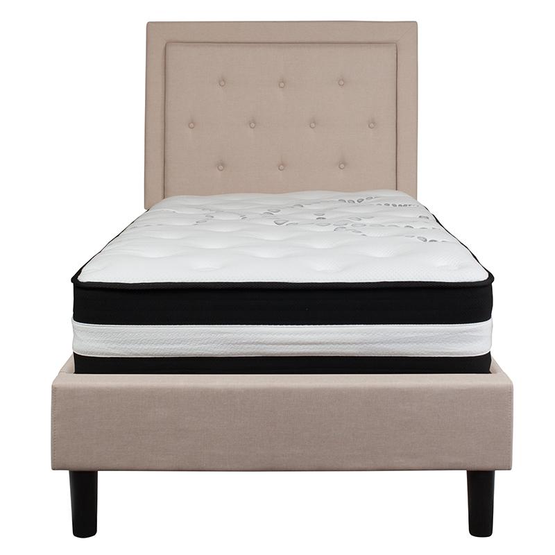 Roxbury Twin Size Tufted Upholstered Platform Bed In Beige Fabric With Pocket Spring Mattress By Flash Furniture | Beds | Modishstore - 3