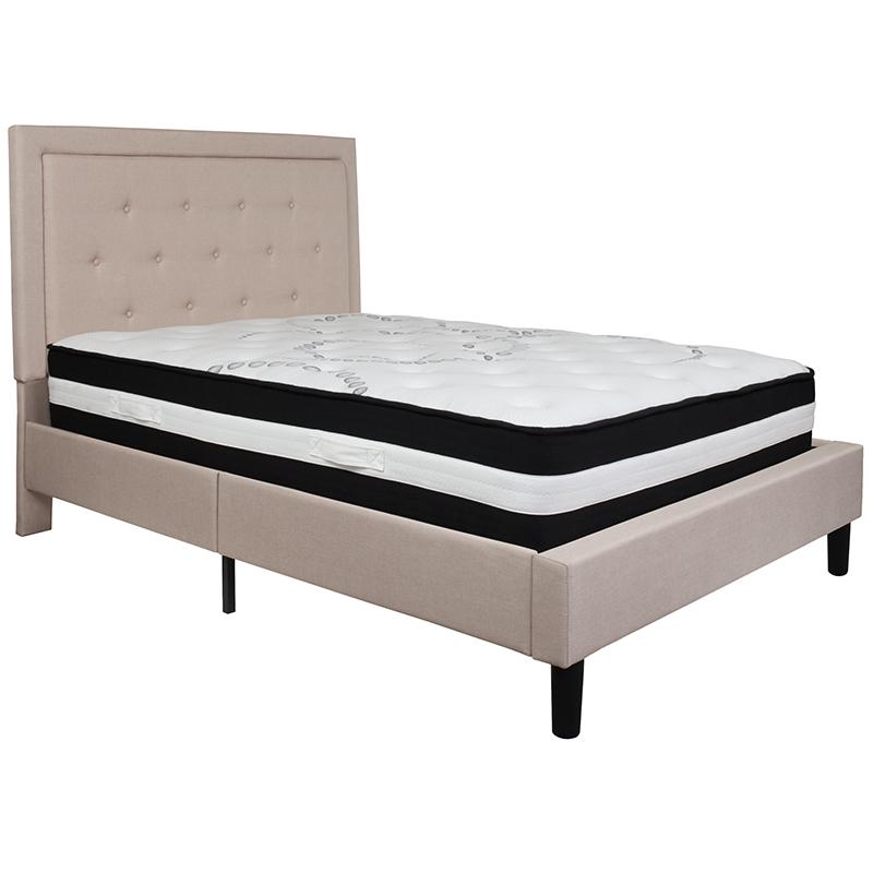 Roxbury Full Size Tufted Upholstered Platform Bed In Beige Fabric With Pocket Spring Mattress By Flash Furniture | Beds | Modishstore - 2