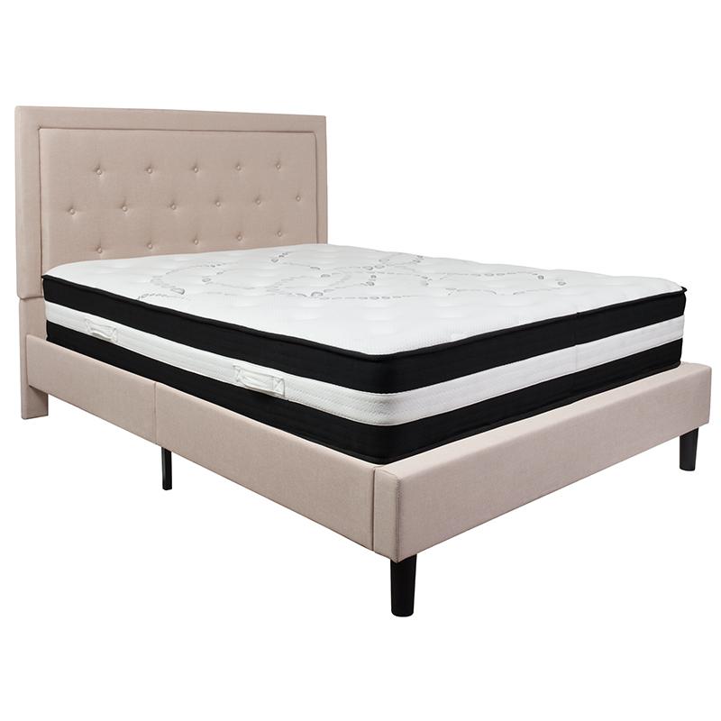 Roxbury Queen Size Tufted Upholstered Platform Bed In Beige Fabric With Pocket Spring Mattress By Flash Furniture | Beds | Modishstore - 2