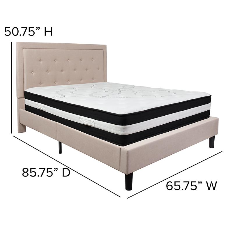 Roxbury Queen Size Tufted Upholstered Platform Bed In Beige Fabric With Pocket Spring Mattress By Flash Furniture | Beds | Modishstore - 4