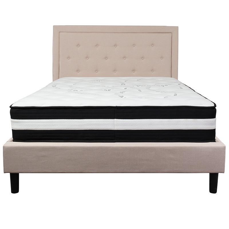 Roxbury Queen Size Tufted Upholstered Platform Bed In Beige Fabric With Pocket Spring Mattress By Flash Furniture | Beds | Modishstore - 3