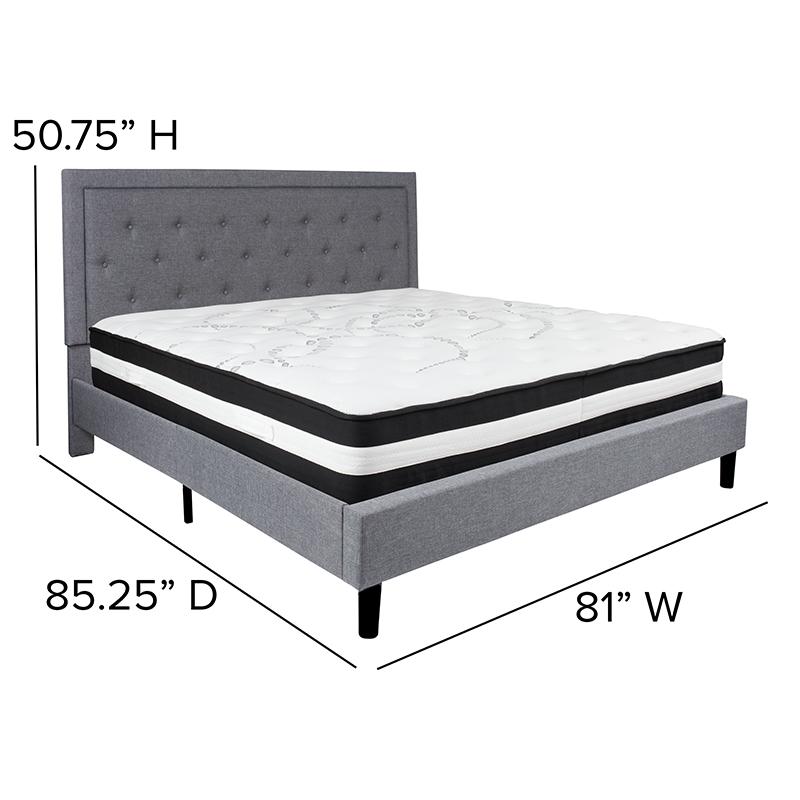 Roxbury King Size Tufted Upholstered Platform Bed In Light Gray Fabric With Pocket Spring Mattress By Flash Furniture | Beds | Modishstore - 4