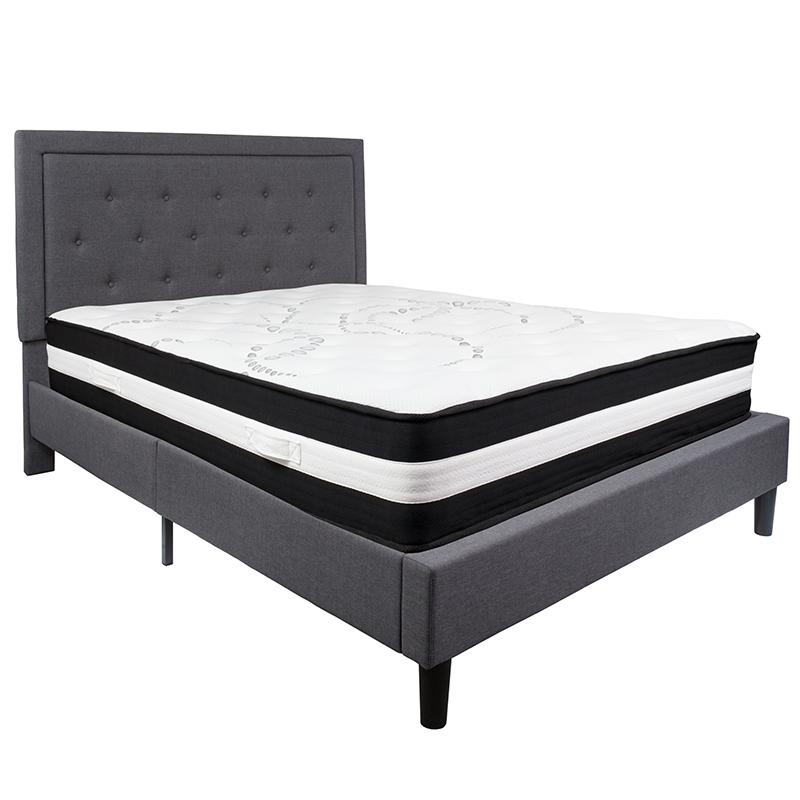 Roxbury Queen Size Tufted Upholstered Platform Bed In Dark Gray Fabric With Pocket Spring Mattress By Flash Furniture | Beds | Modishstore - 2