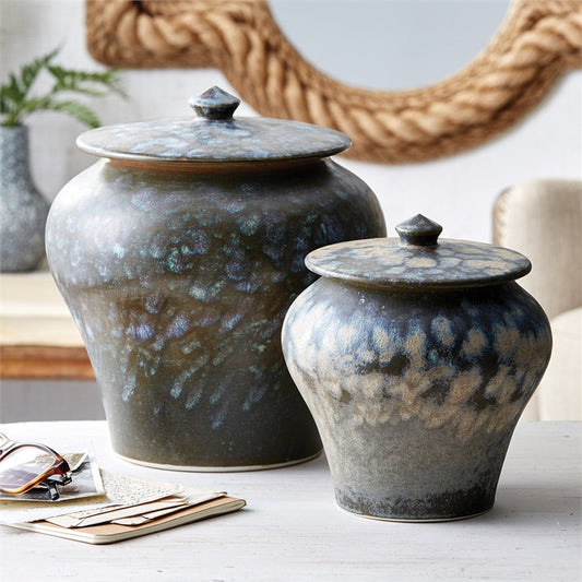 Tozai Home S/2 Blue Tiger Pots with Lids Porcelain