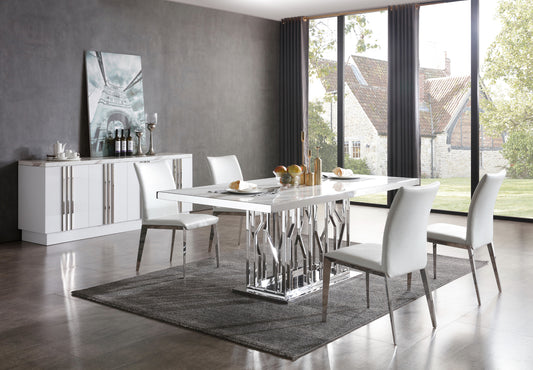 Modrest Marston Modern White Marble & Stainless Steel Dining Table | Modishstore | Dining Tables