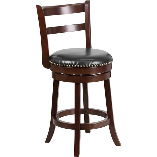 26'' High Cappuccino Wood Counter Height Stool With Single Slat Ladder Back And Black Leathersoft Swivel Seat By Flash Furniture | Bar Stools | Modishstore