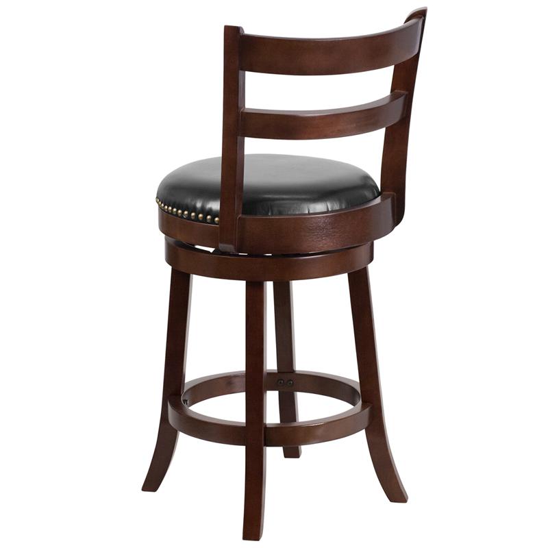 26'' High Cappuccino Wood Counter Height Stool With Single Slat Ladder Back And Black Leathersoft Swivel Seat By Flash Furniture | Bar Stools | Modishstore - 3