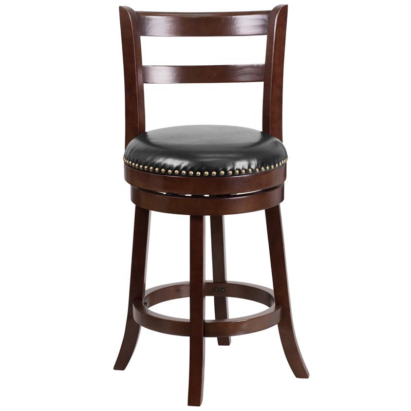 26'' High Cappuccino Wood Counter Height Stool With Single Slat Ladder Back And Black Leathersoft Swivel Seat By Flash Furniture | Bar Stools | Modishstore - 4
