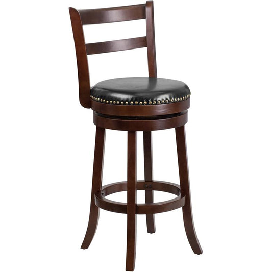 30'' High Cappuccino Wood Barstool With Single Slat Ladder Back And Black Leathersoft Swivel Seat By Flash Furniture | Bar Stools | Modishstore