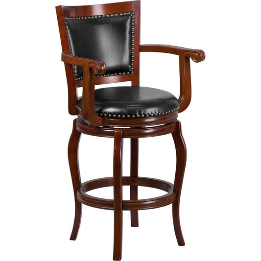 30'' High Cherry Wood Barstool With Arms, Panel Back And Black Leathersoft Swivel Seat By Flash Furniture | Bar Stools | Modishstore - 1