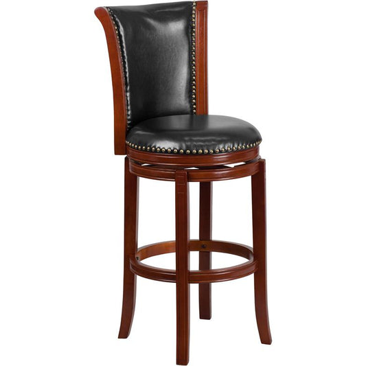 30'' High Dark Chestnut Wood Barstool With Panel Back And Black Leathersoft Swivel Seat By Flash Furniture | Bar Stools | Modishstore