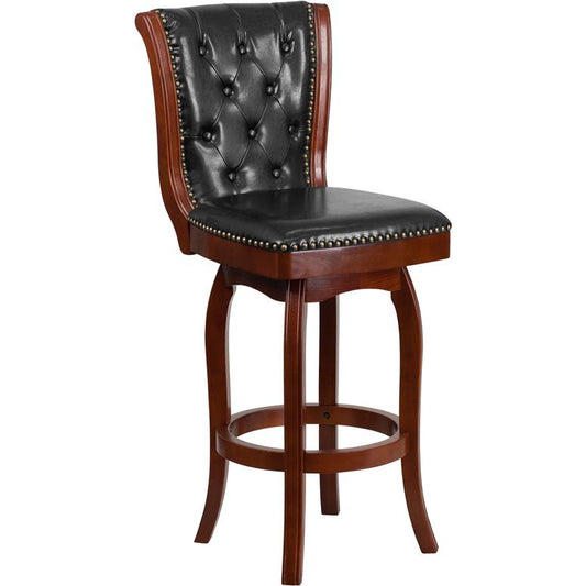 30'' High Cherry Wood Barstool With Button Tufted Back And Black Leathersoft Swivel Seat By Flash Furniture | Bar Stools | Modishstore