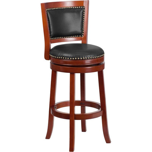 30'' High Dark Cherry Wood Barstool With Open Panel Back And Walnut Leathersoft Swivel Seat By Flash Furniture | Bar Stools | Modishstore