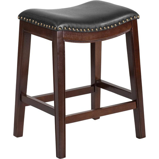 26'' High Backless Cappuccino Wood Counter Height Stool With Black Leathersoft Saddle Seat By Flash Furniture | Bar Stools | Modishstore