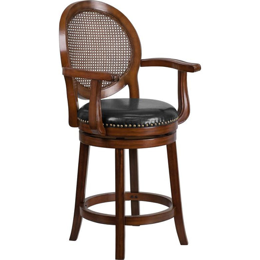 26'' High Expresso Wood Counter Height Stool With Arms, Woven Rattan Back And Black Leathersoft Swivel Seat By Flash Furniture | Bar Stools | Modishstore