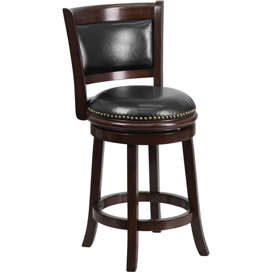 24'' High Cappuccino Wood Counter Height Stool With Panel Back And Black Leathersoft Swivel Seat By Flash Furniture | Bar Stools | Modishstore - 1