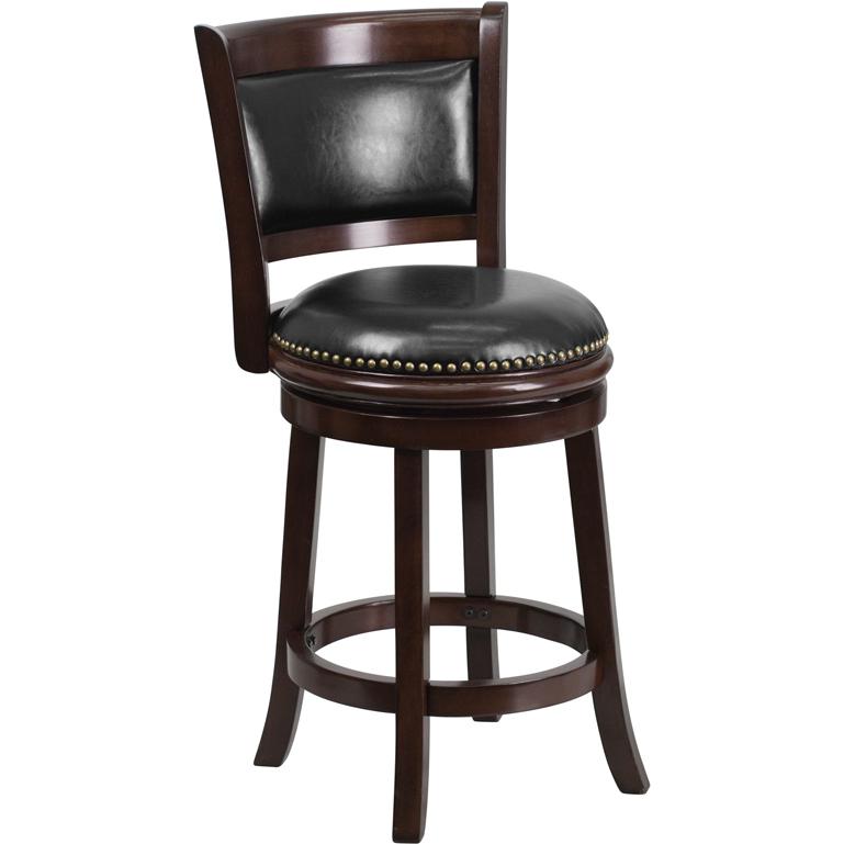 24'' High Cappuccino Wood Counter Height Stool With Panel Back And Black Leathersoft Swivel Seat By Flash Furniture | Bar Stools | Modishstore - 1