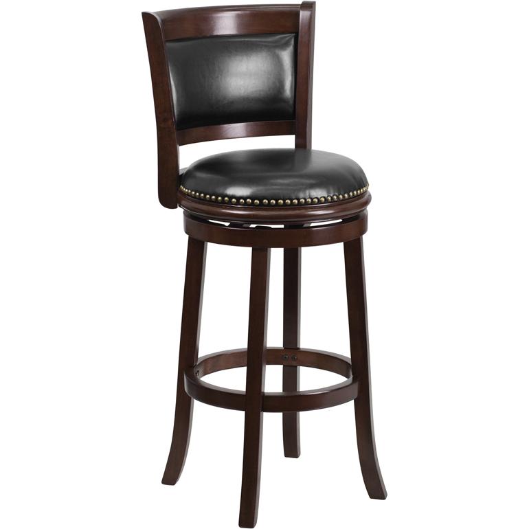 29'' High Cappuccino Wood Barstool With Panel Back And Black Leathersoft Swivel Seat By Flash Furniture | Bar Stools | Modishstore