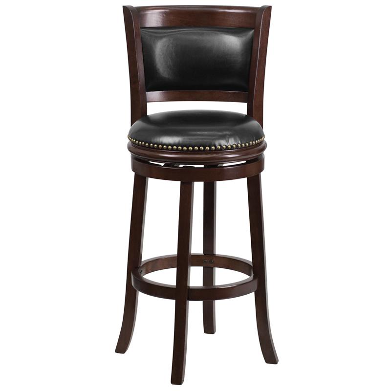 29'' High Cappuccino Wood Barstool With Panel Back And Black Leathersoft Swivel Seat By Flash Furniture | Bar Stools | Modishstore - 4