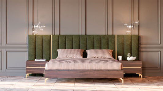 Nova Domus Calabria Modern Walnut & Green Velvet Bed & Nightstands | Modishstore | Beds