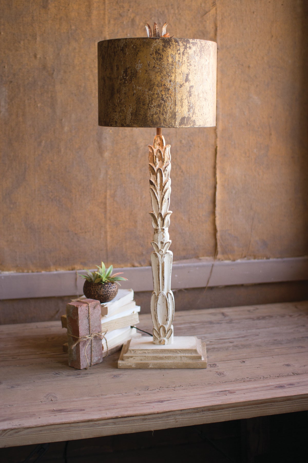 Kalalou Table Lamp - Carved Wooden Base With Rustic Metal Shade | Modishstore | Table Lamps