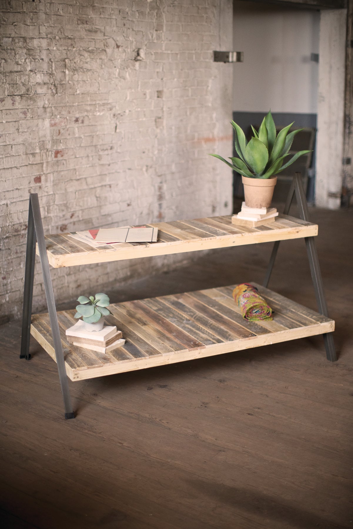 Kalalou Recycled Wood & Metal 2 Tiered Display Table | Modishstore | Accent Tables