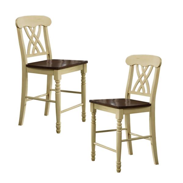 Wooden Counter Height Chair With Overlapped Design Back And Scoop Seat, White And Brown, Set Of Two By Benzara | Dining Chairs |  Modishstore 