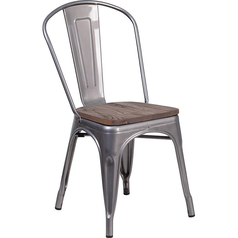 Clear Coated Metal Stackable Chair With Wood Seat By Flash Furniture | Dining Chairs | Modishstore - 1