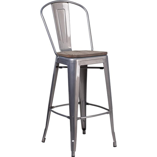 30" High Clear Coated Barstool With Back And Wood Seat By Flash Furniture | Bar Stools | Modishstore - 1