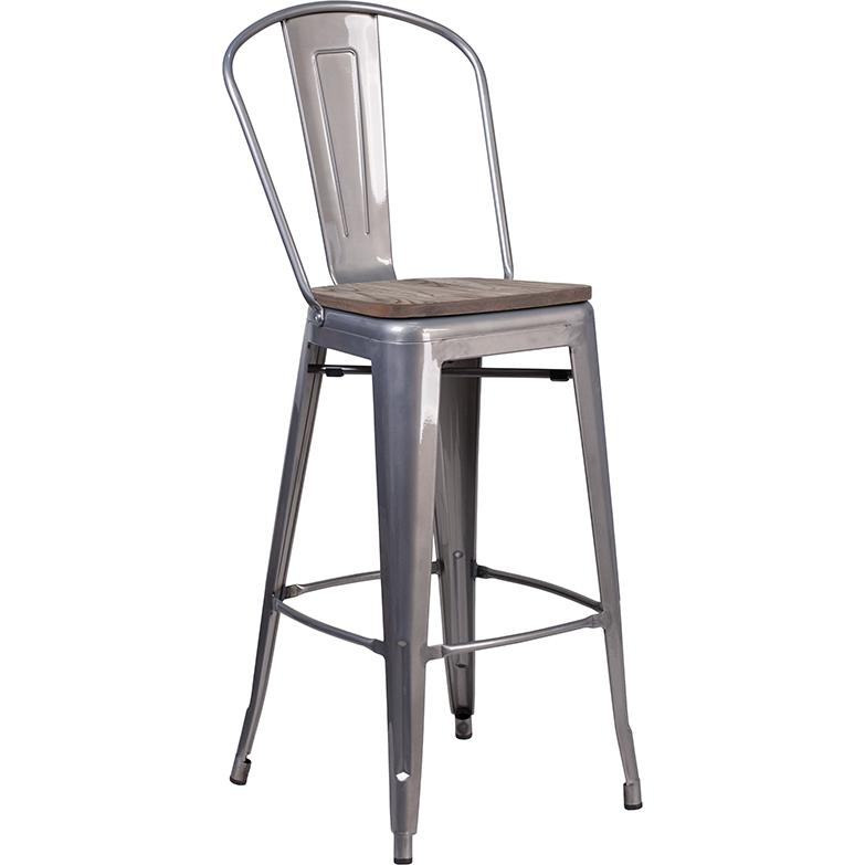30" High Clear Coated Barstool With Back And Wood Seat By Flash Furniture | Bar Stools | Modishstore - 1